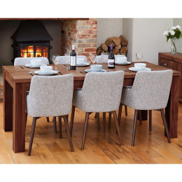 Shiro Solid Walnut Large Extending Dining Table and Six Light Grey Chairs
